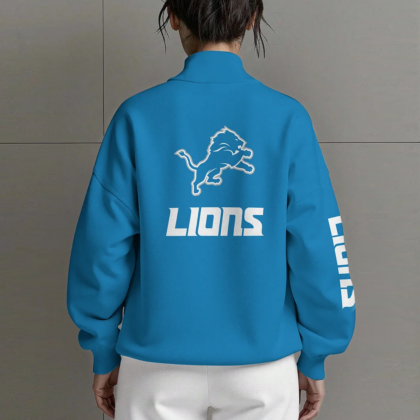 DET X NFL Women Plain Color Zip Up Long Sleeve Sweatshirt NAK NHT