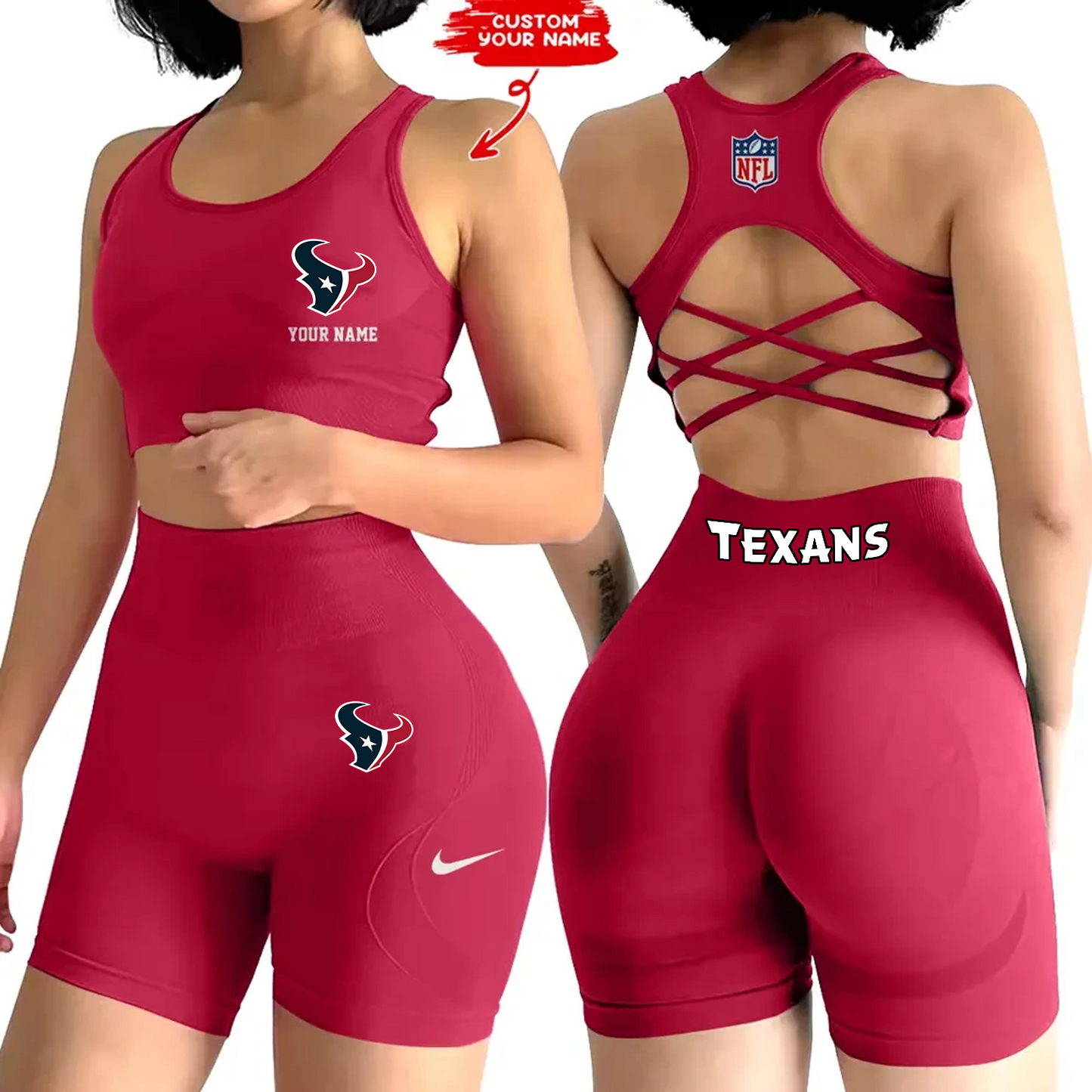 HOU x NFL 2-PCS Women's Seamless Yoga Set Sexy Sport Bra High Waist Sports Shorts DATND TANTD