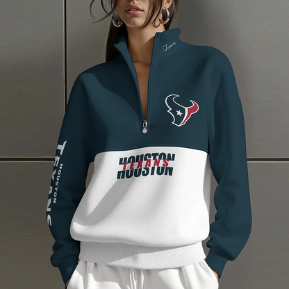 HOU X NFL Women Plain Color Zip Up Long Sleeve Sweatshirt NAK NHT