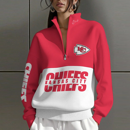KC X NFL Women Plain Color Zip Up Long Sleeve Sweatshirt NAK NHT