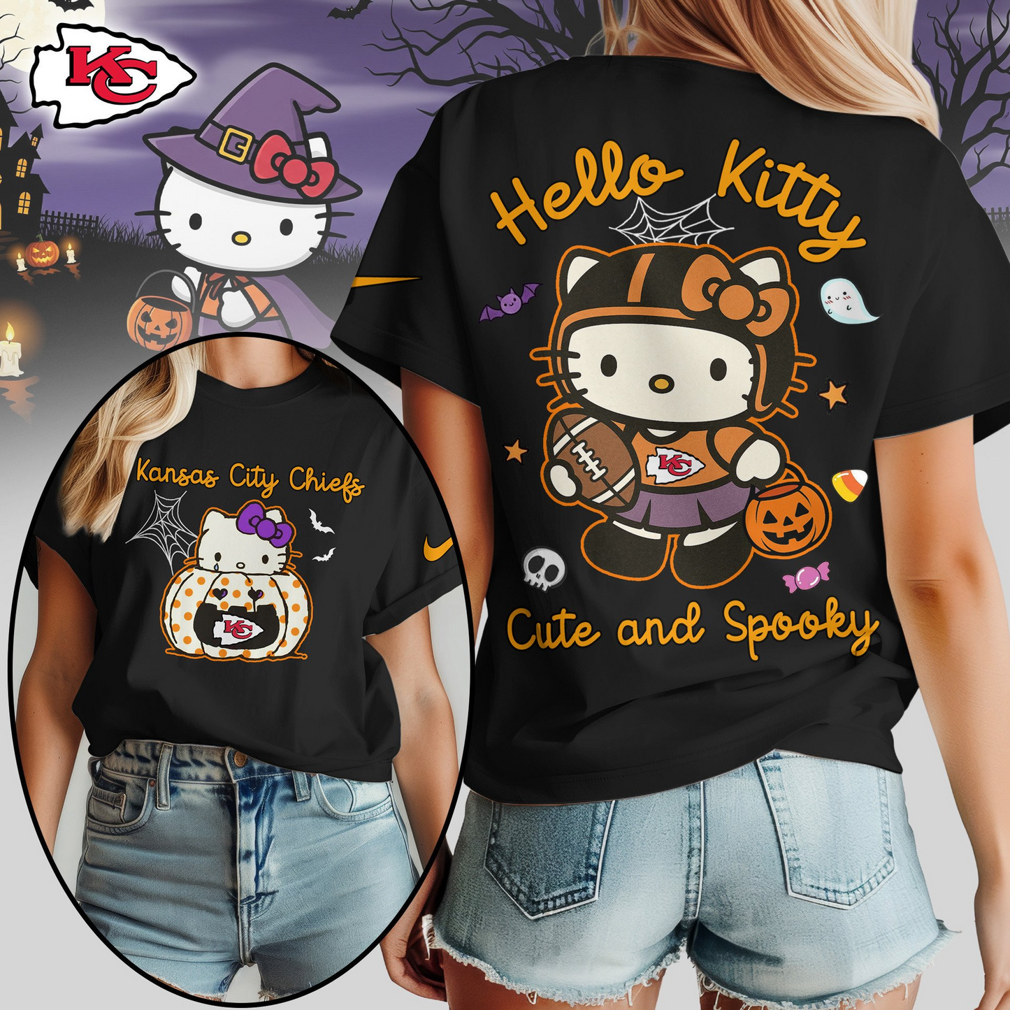 KCC Premium NFL Hello Kitty Cute & Spooky Halloween Women Shirt DDT CTND
