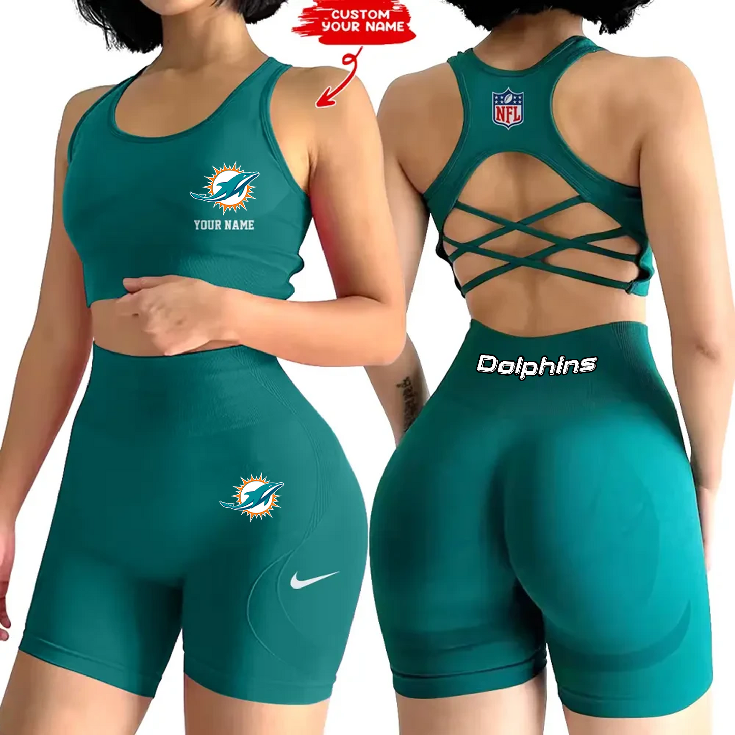 MIA x NFL 2-PCS Women's Seamless Yoga Set Sexy Sport Bra High Waist Sports Shorts DATND TANTD