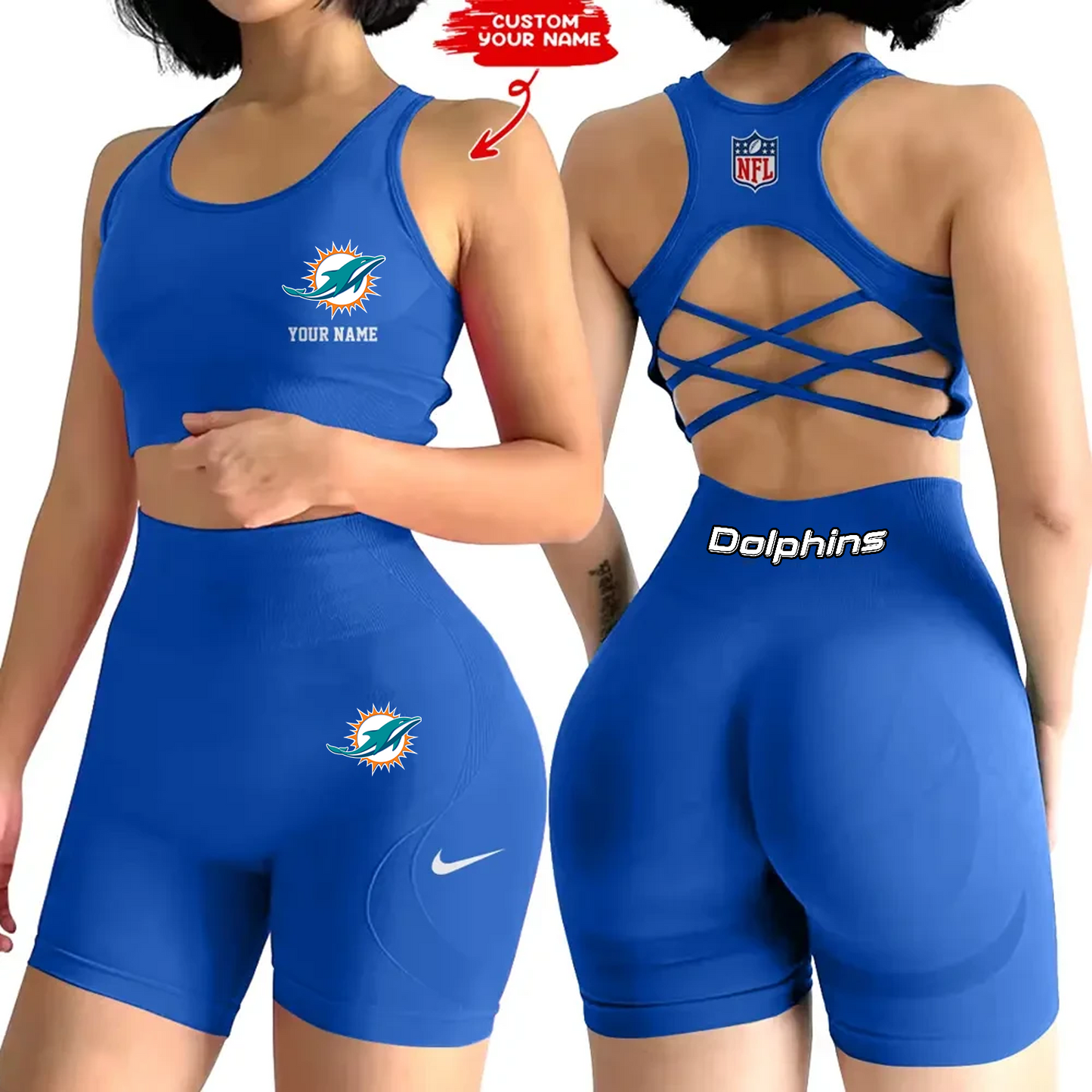 MIA x NFL 2-PCS Women's Seamless Yoga Set Sexy Sport Bra High Waist Sports Shorts DATND TANTD