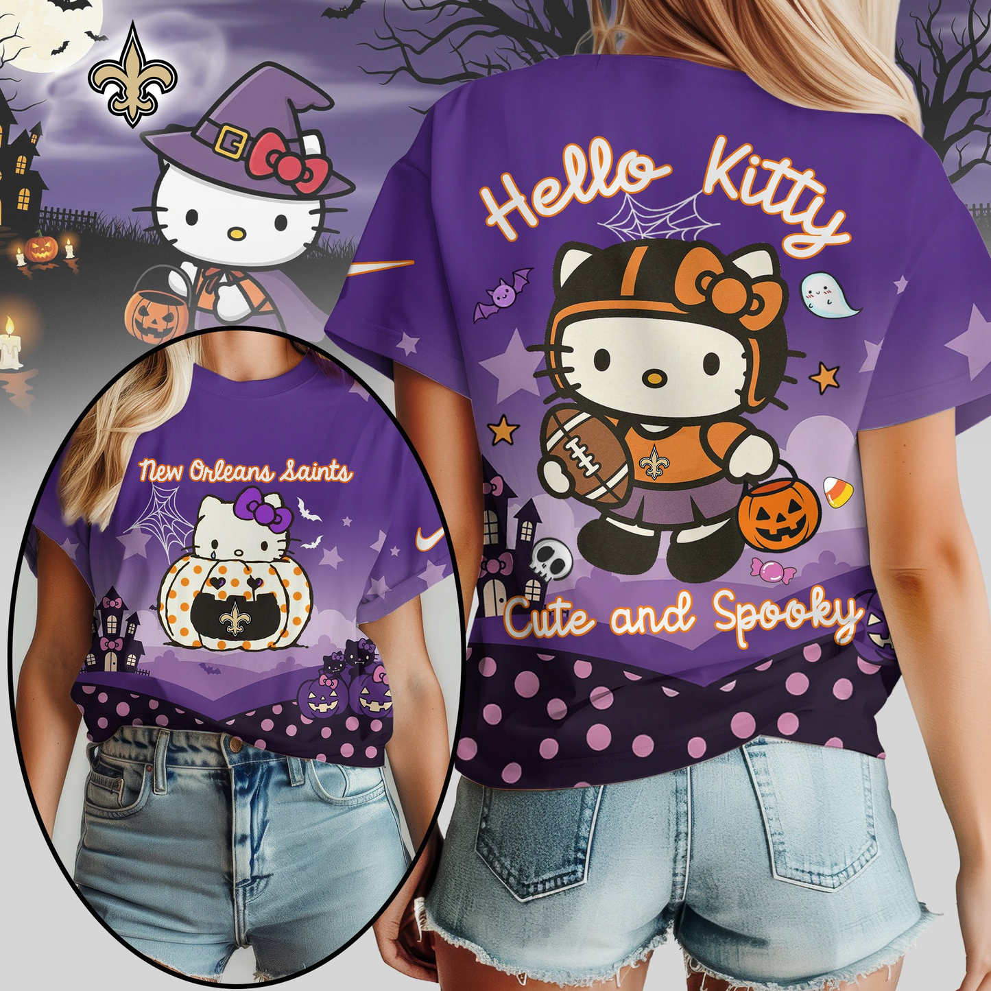NOS Premium NFL Hello Kitty Cute & Spooky Halloween Women Shirt DDT CTND