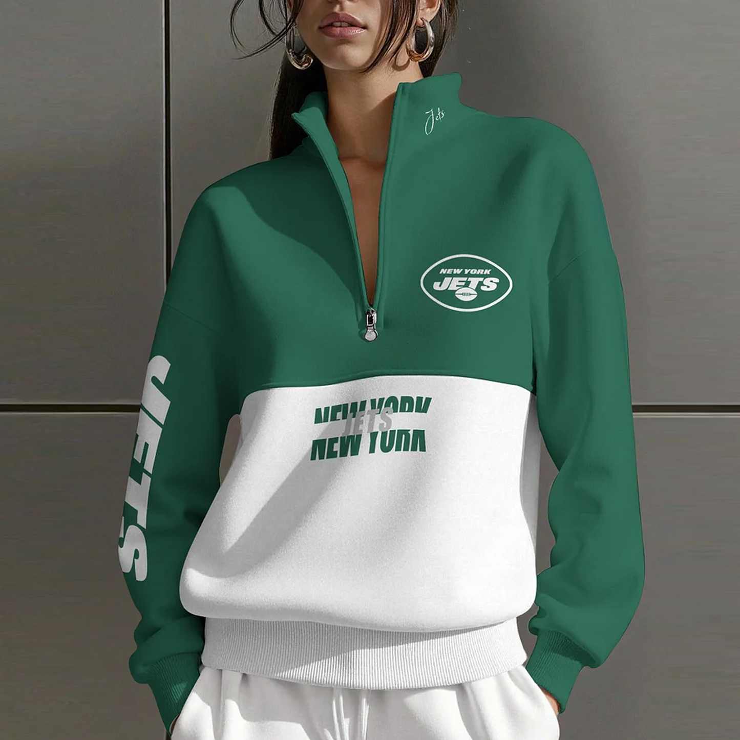 NYJ X NFL Women Plain Color Zip Up Long Sleeve Sweatshirt NAK NHT