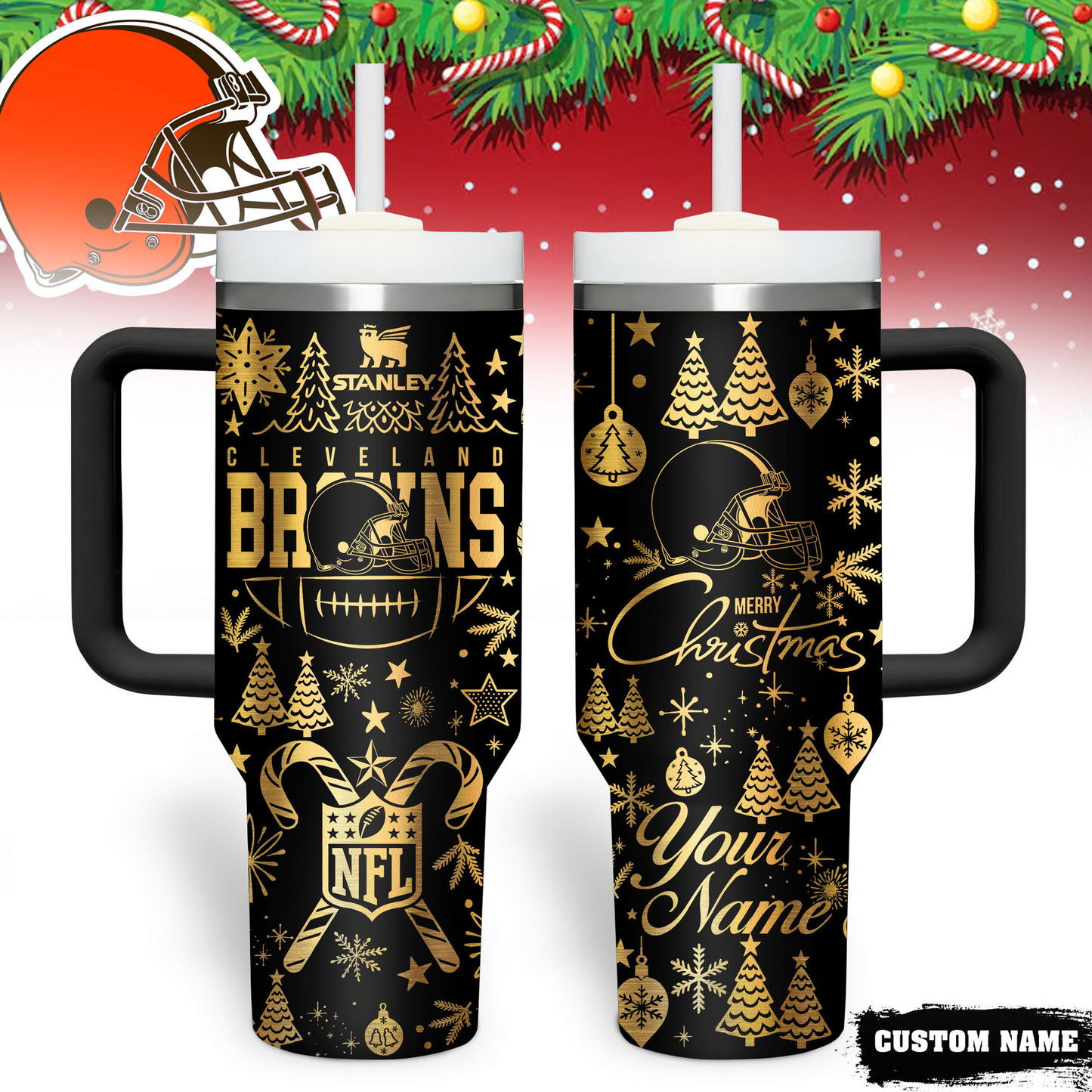 Premium NFL CLE Holiday Gold Tumbler V1 NMD TTV
