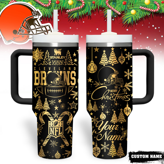 Premium NFL CLE Holiday Gold Tumbler V1 NMD TTV