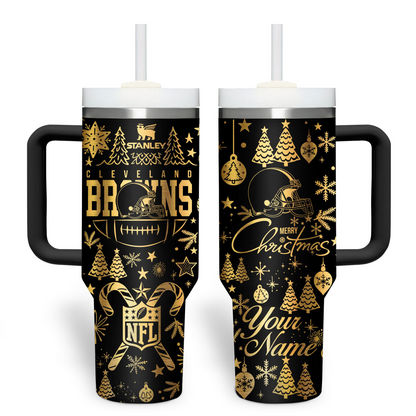 Premium NFL CLE Holiday Gold Tumbler V1 NMD TTV