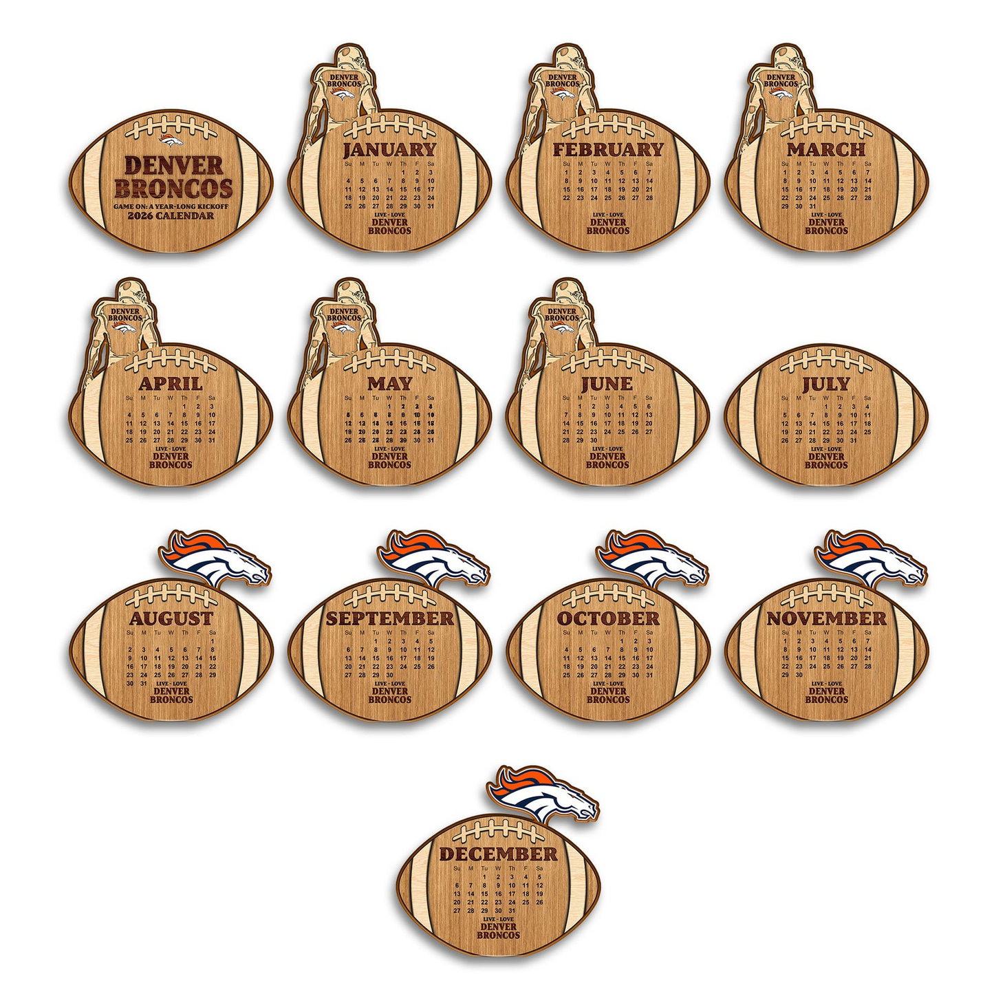 Premium NFL DEN Football Shaped 2026 Calendar V1 NMD TTV