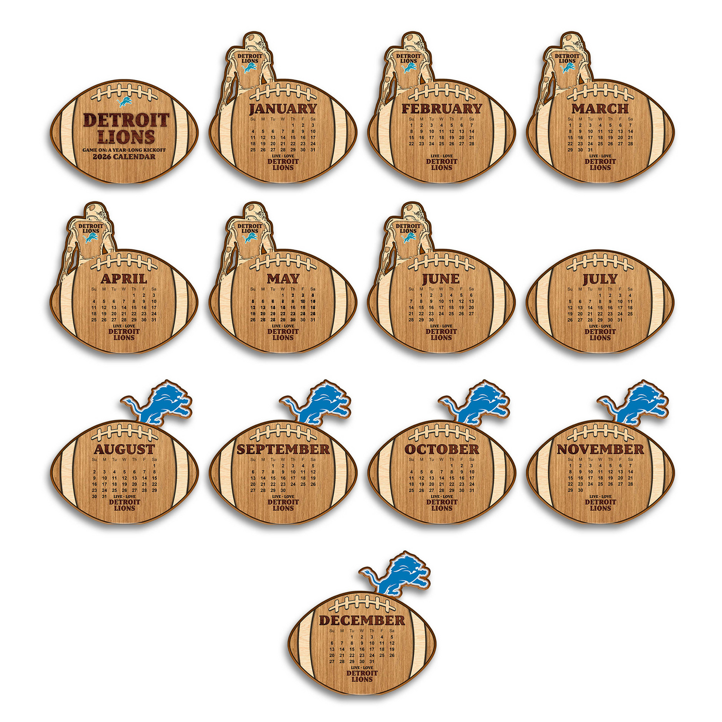 Premium NFL DET Football Shaped 2026 Calendar V1 NMD TTV