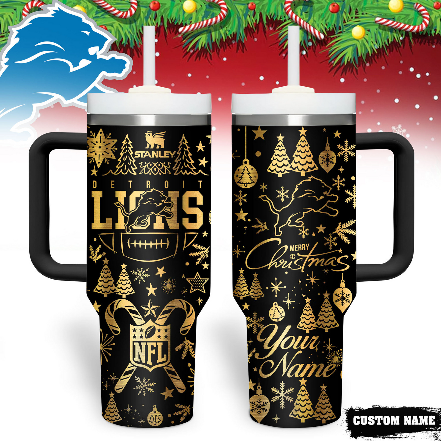 Premium NFL DET Holiday Gold Tumbler V1 NMD TTV