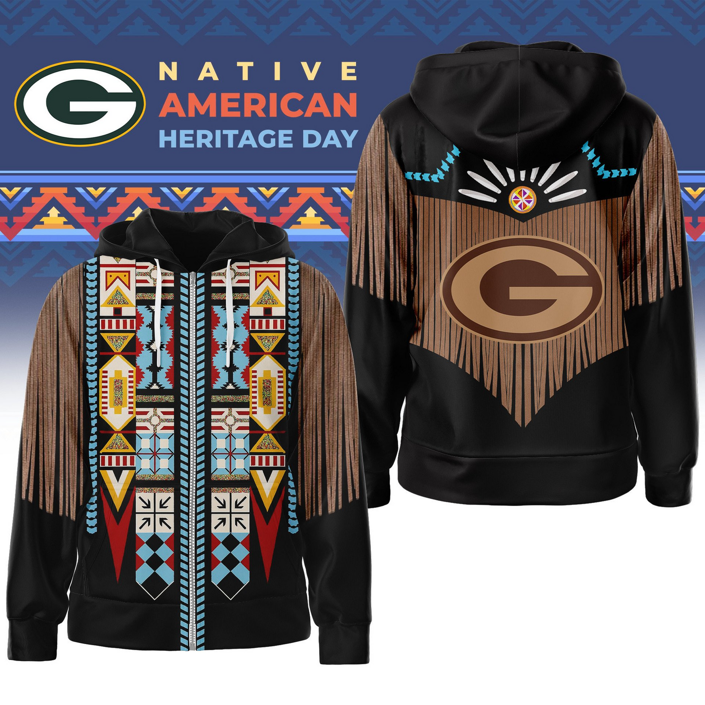 Premium NFL GB Native American Pattern Zip Hoodie V1 NMD25 TTV