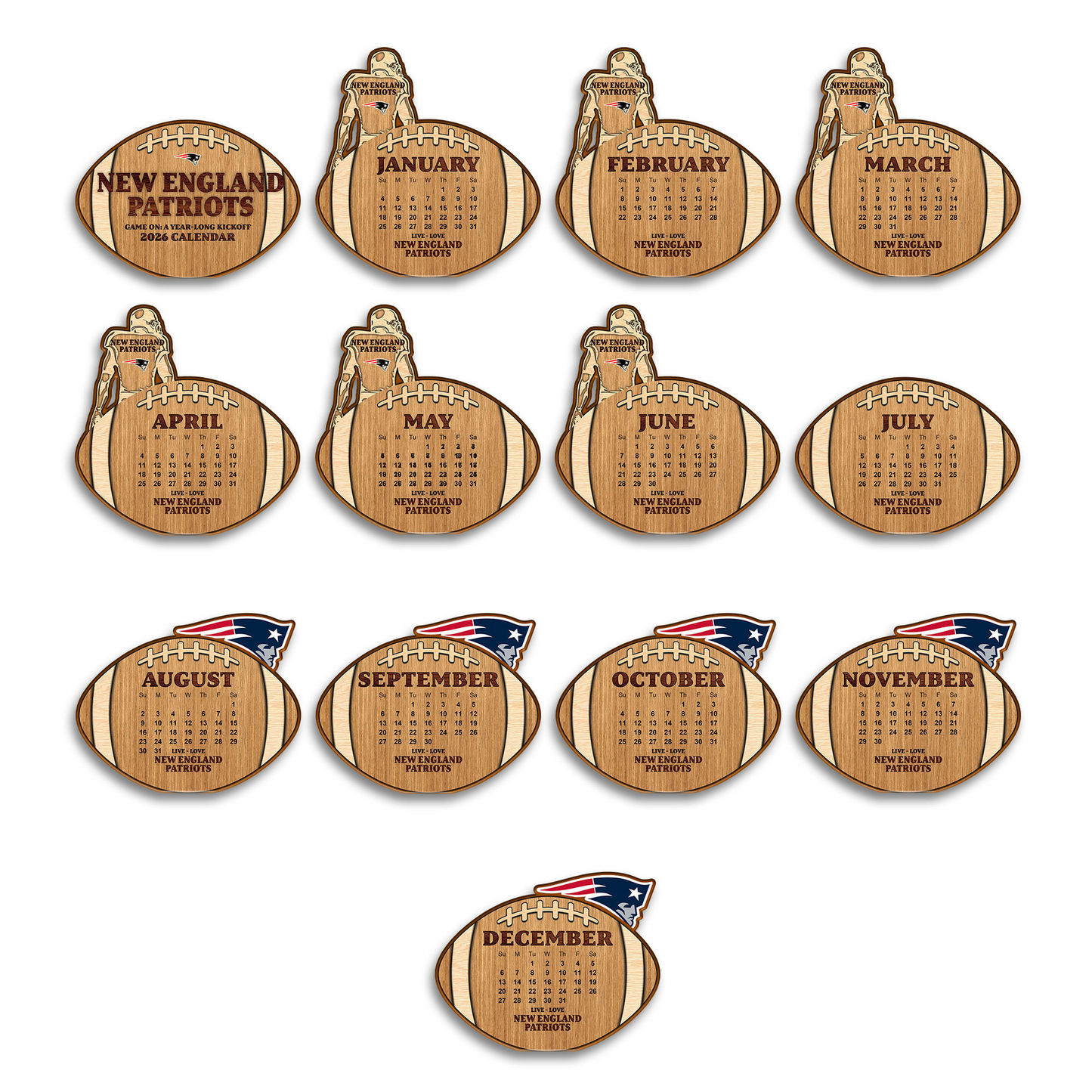 Premium NFL NE Football Shaped 2026 Calendar V1 NMD TTV