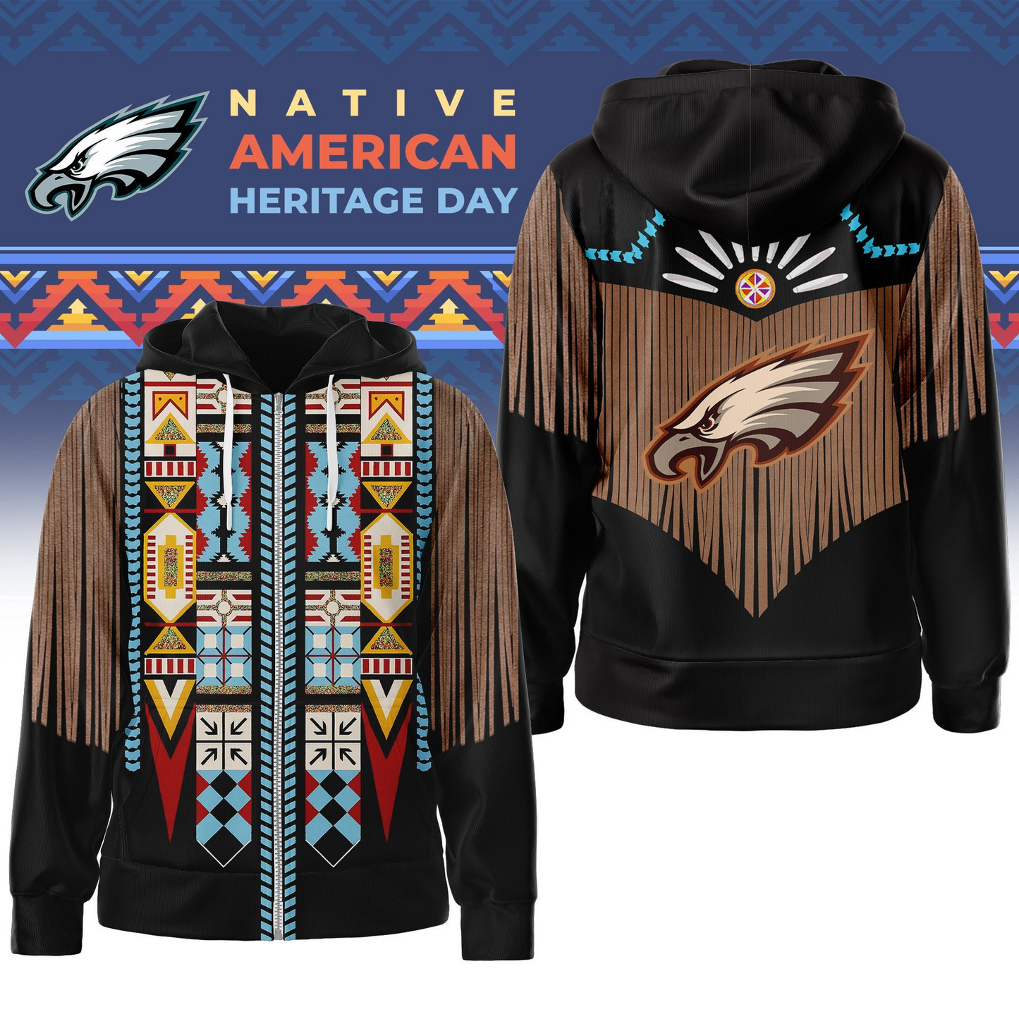 Premium NFL PHI Native American Pattern Zip Hoodie V1 NMD25 TTV