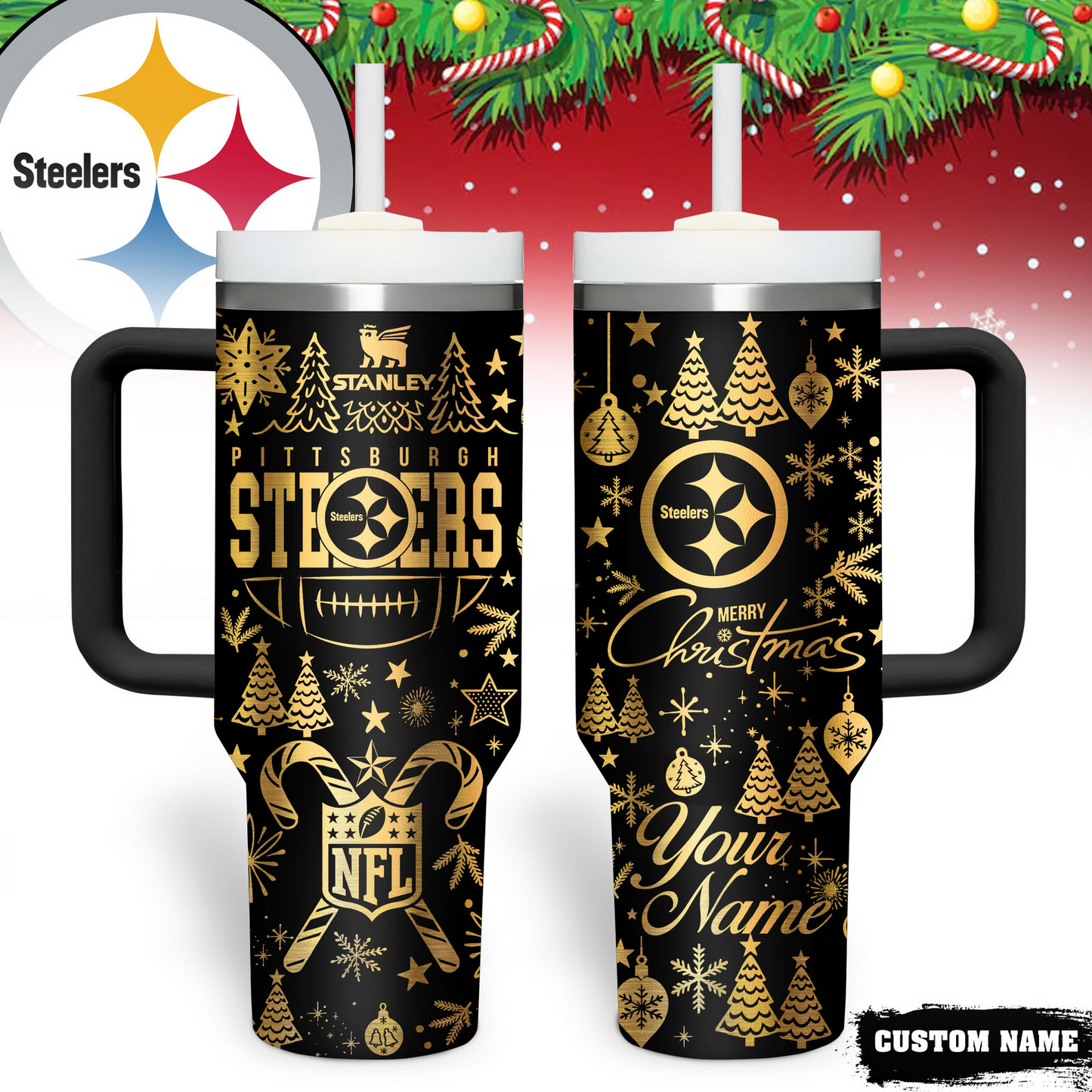 Premium NFL PIT Holiday Gold Tumbler V1 NMD TTV