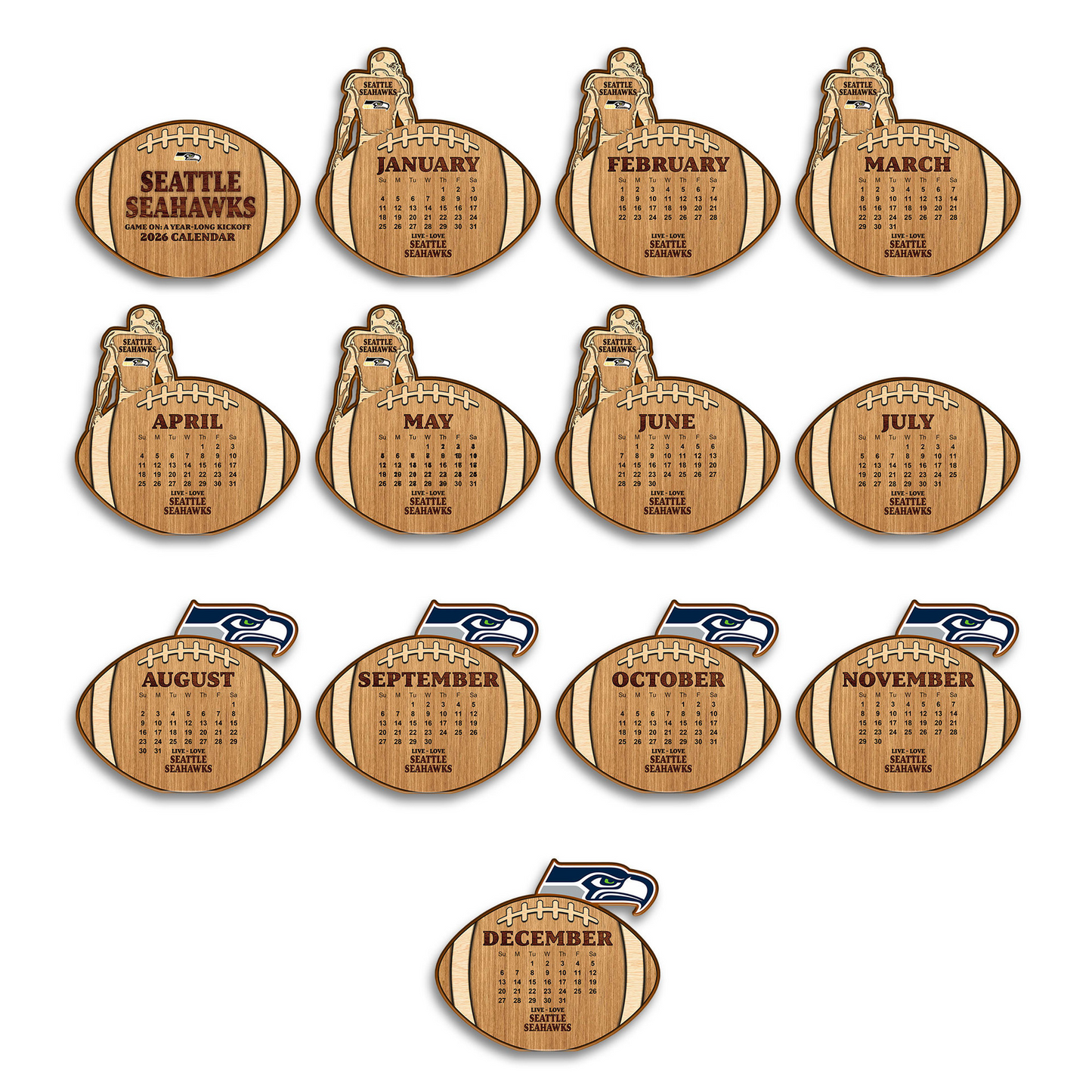 Premium NFL SEA Football Shaped 2026 Calendar V1 NMD TTV