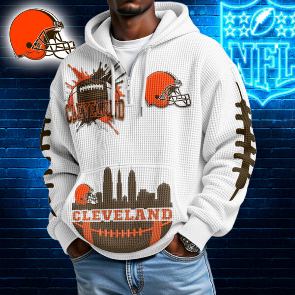 Premium NFL x CLE Waffle Zipper Long Sleeve Hooded Sweatshirt V1 NAK HLPHUONG