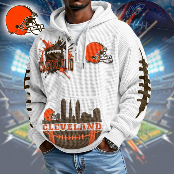Premium NFL x CLE Waffle Zipper Long Sleeve Hooded Sweatshirt V1 NAK HLPHUONG