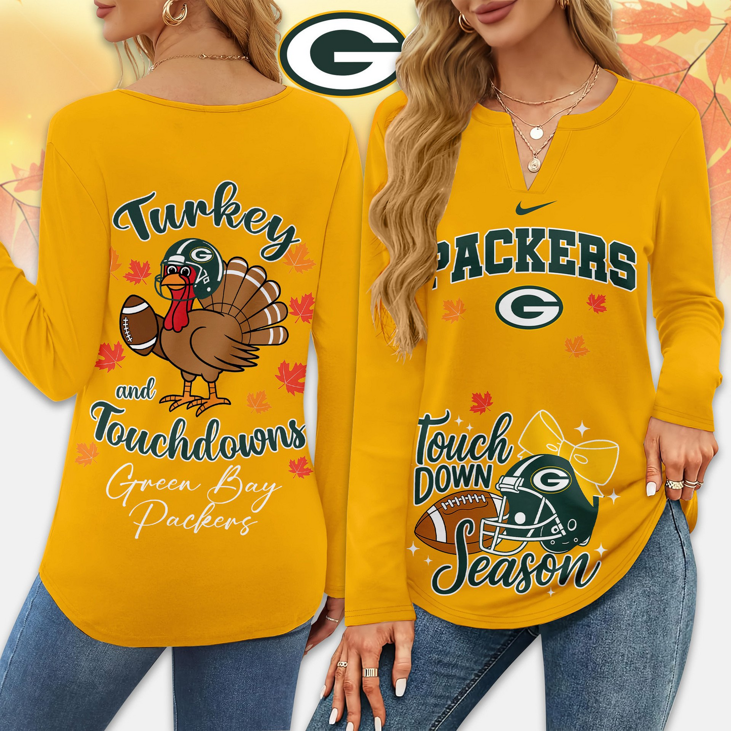 Premium NFL x GB Turkey and Touchdowns V-neck Long Sleeve Shirt NDT NHM