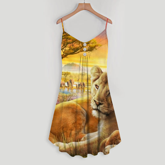 Lion Family Spaghetti Strap Summer Dress | Sleeveless V Neck Mini Dress | Sundress