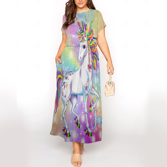 Personalized Bling Bling Unicorn Short Sleeve Maxi Dress With Pokets | Plus size Dress | Summer Dress For Women