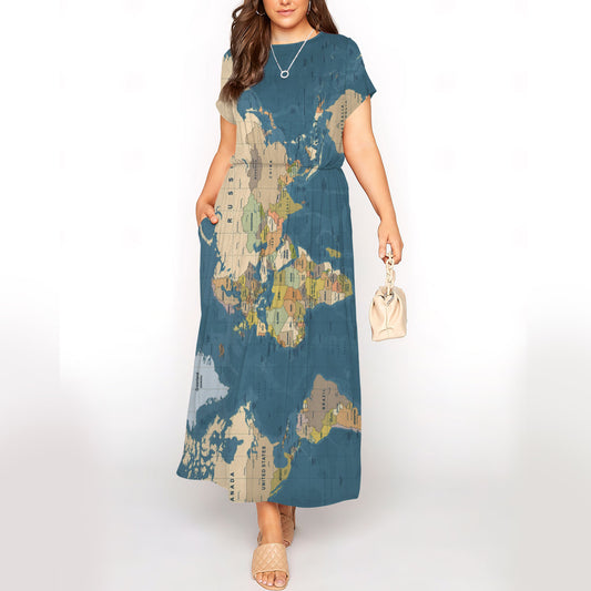 Blue World Map Short Sleeve Maxi Dress With Pokets | Plus size Dress | Summer Dress For Women