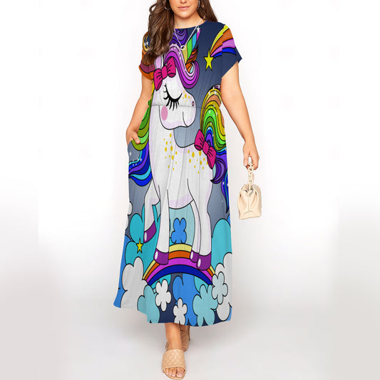 Unicorn And Rainbow Short Sleeve Maxi Dress With Pockets | Plus Size Dress | Summer Dress