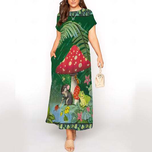 Mushroom Mouse And Frog Short Sleeve Maxi Dress With Pokets | Plus size Dress | Summer Dress For Women