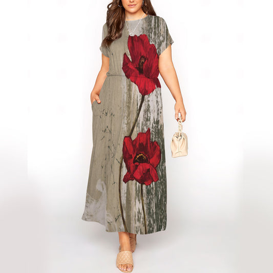 Poppy Flower Short Sleeve Maxi Dress With Pokets | Plus size Dress | Summer Dress For Women