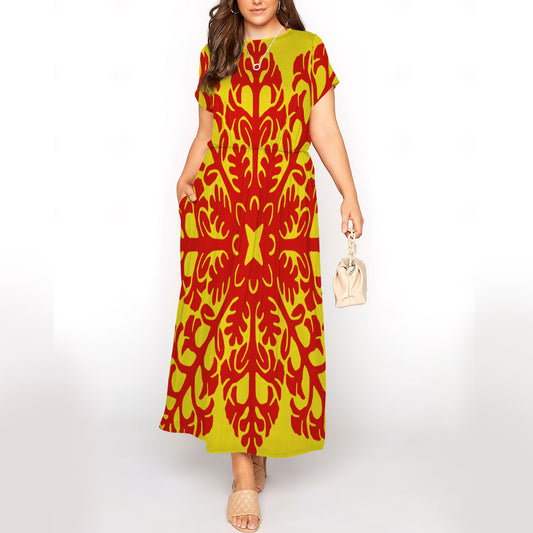 Hawaiian Leaves Short Sleeve Maxi Dress With Pokets | Plus size Dress | Summer Dress For Women