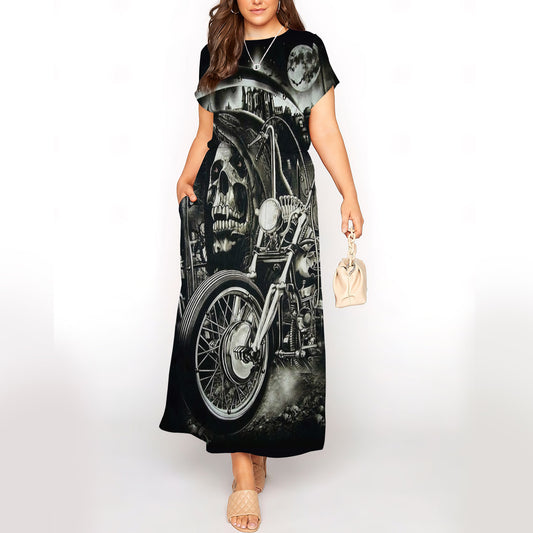 Motorcycle Skull Short Sleeve Maxi Dress With Pokets | Plus size Dress | Summer Dress For Women