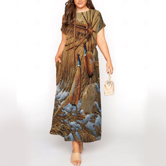 Pheasant Hunting Short Sleeve Maxi Dress With Pokets | Plus size Dress | Summer Dress For Women