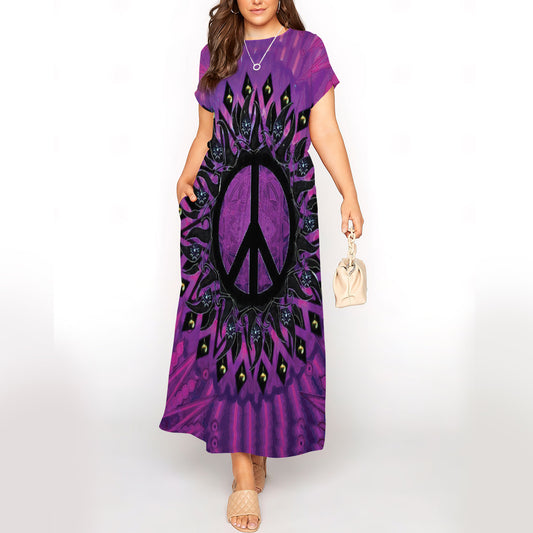 Hippie Peace Sign Short Sleeve Maxi Dress With Pokets | Plus size Dress | Summer Dress For Women