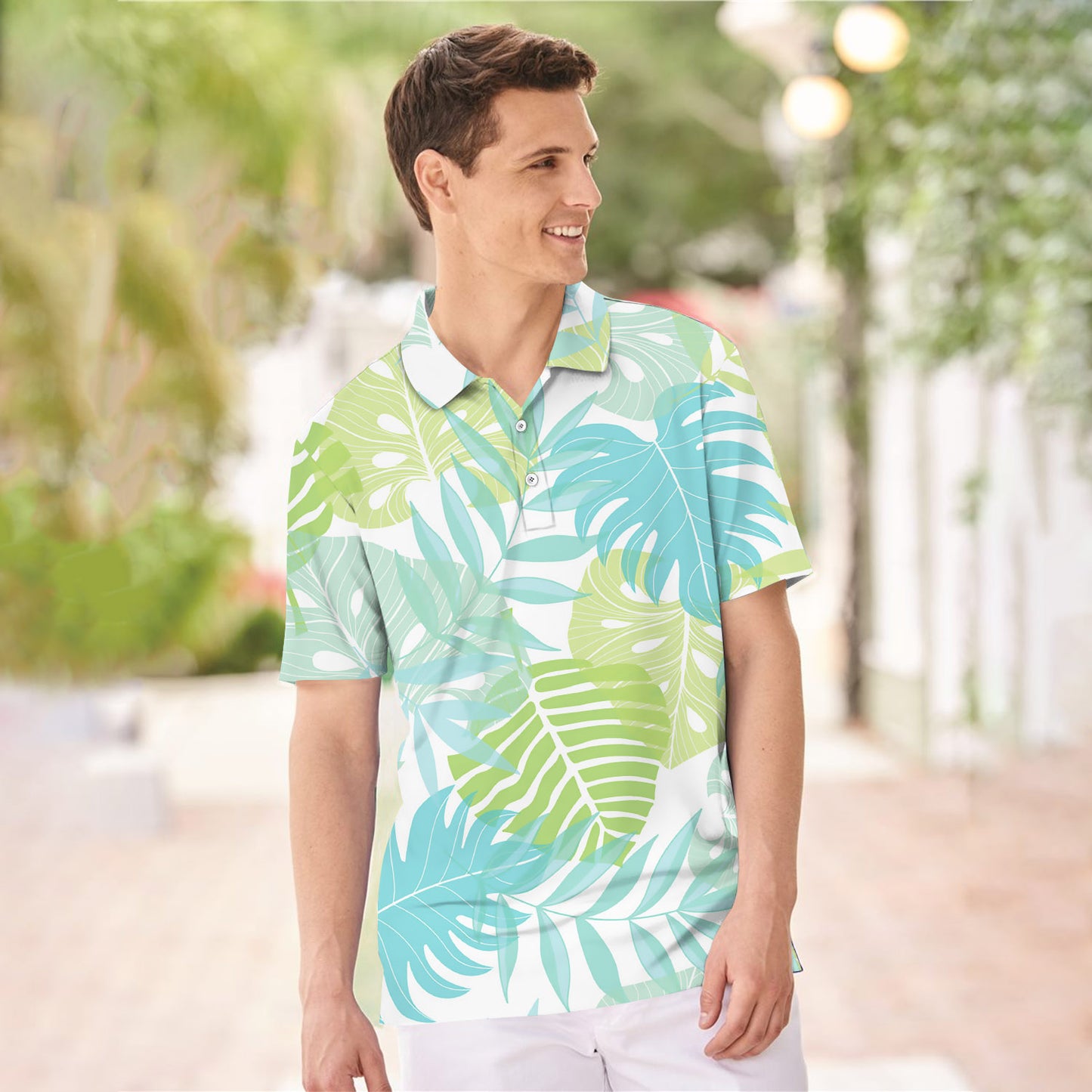 Light Tropical Leaves Summer Hawaiian Polo Shirt For Men | Polo T-shirt | Men Short Sleeve Shirt