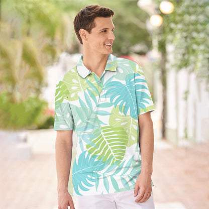 Light Tropical Leaves Summer Hawaiian Polo Shirt For Men | Polo T-shirt | Men Short Sleeve Shirt