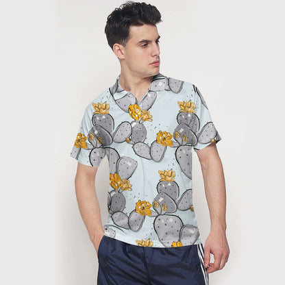 Cactus Bloom Yellow Blue Summer Pattern Polo Shirt For Men | Polo T-shirt | Men Short Sleeve Shirt