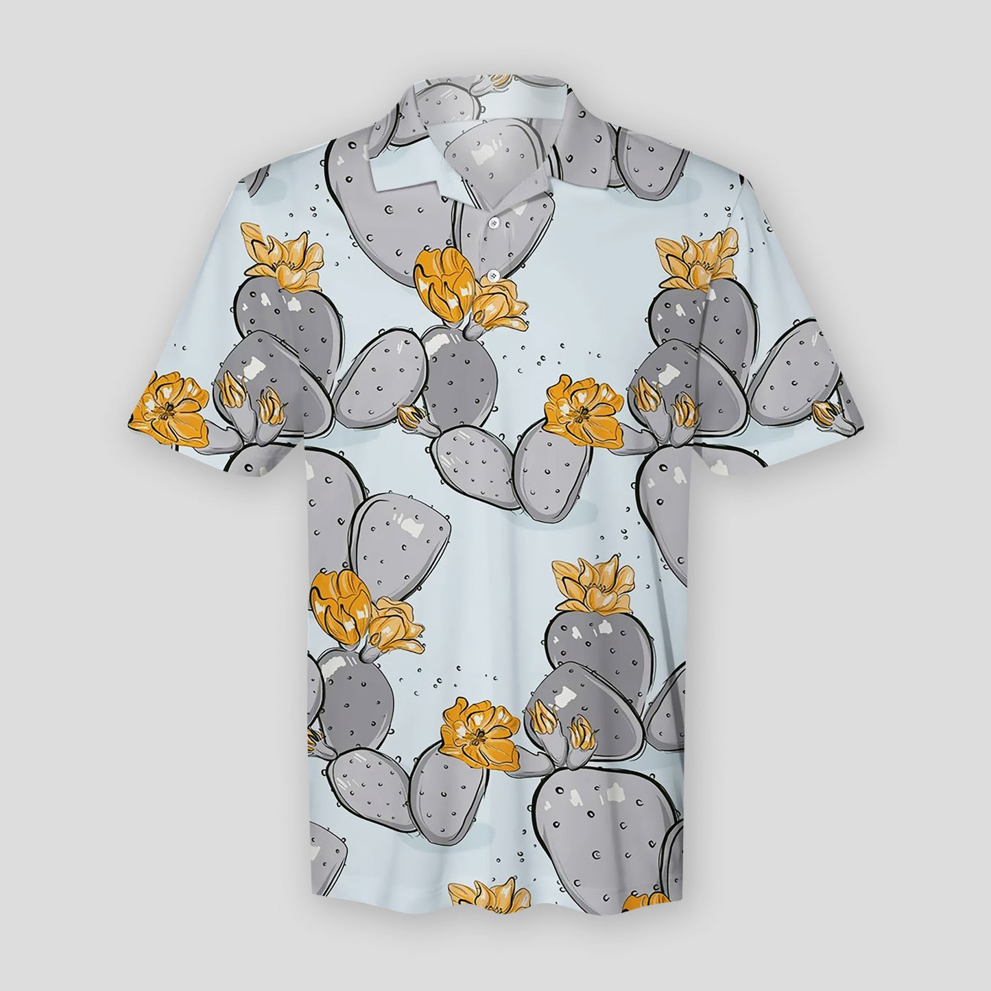 Cactus Bloom Yellow Blue Summer Pattern Polo Shirt For Men | Polo T-shirt | Men Short Sleeve Shirt