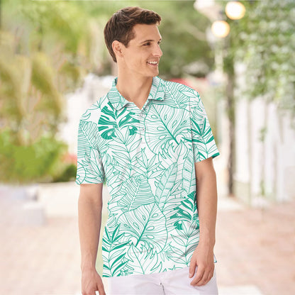 Green Tropical Leaves Summer Hawaiian Polo Shirt For Men | Polo T-shirt | Men Short Sleeve Shirt