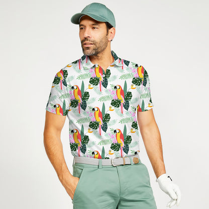 Hawaii Parrot Tropical Leaves Summer Polo Shirt For Men | Polo T-shirt | Men Short Sleeve Shirt