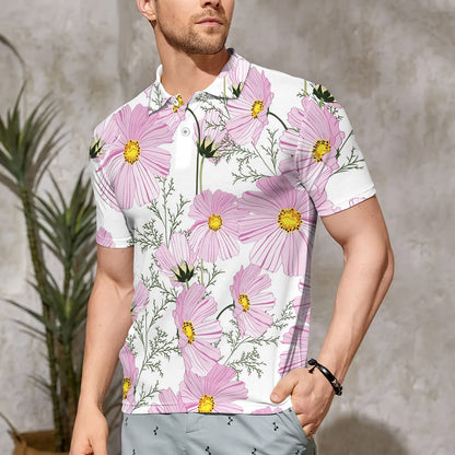 Summer Autumn Pattern With Pink Flowers Polo Shirt For Men | Polo T-shirt | Men Short Sleeve Shirt