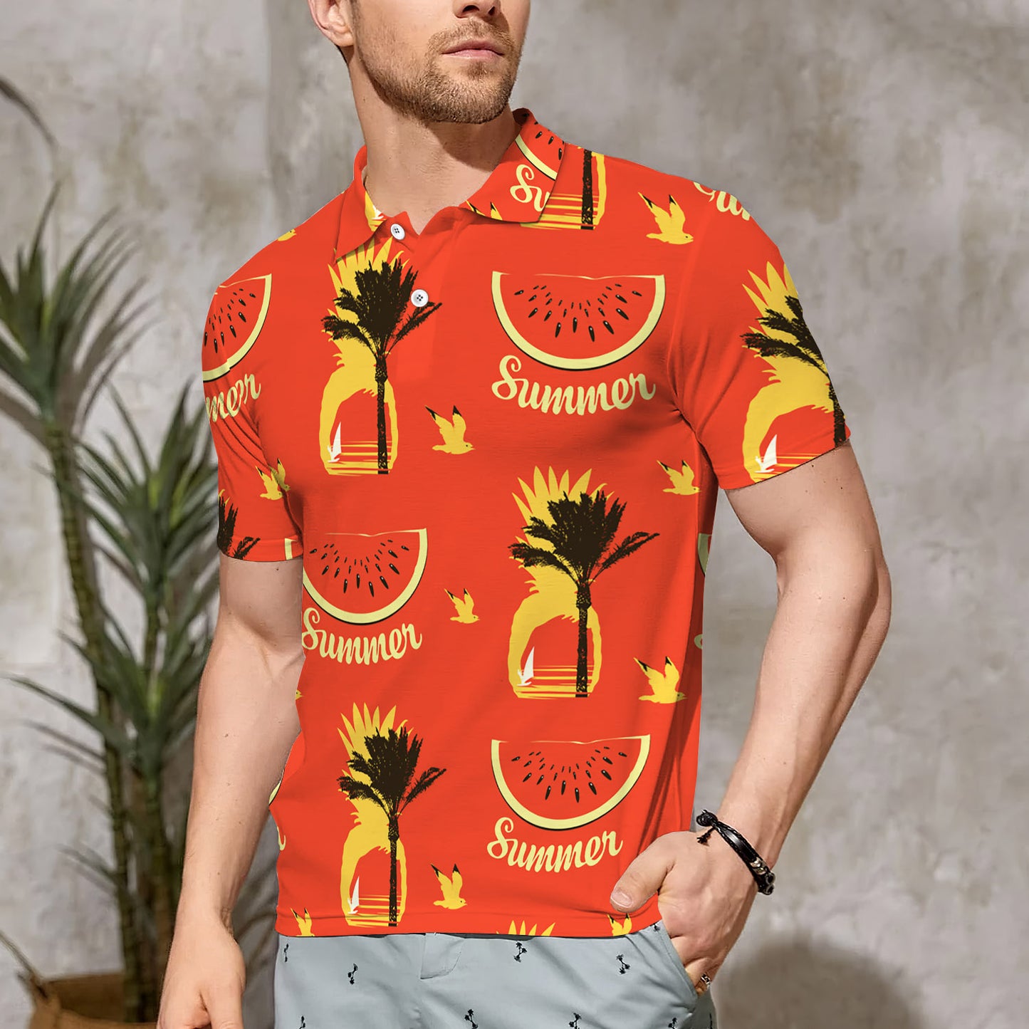 Summer Seamless Pattern With Palms And Watermelons Polo Shirt For Men | Polo T-shirt | Men Short Sleeve Shirt