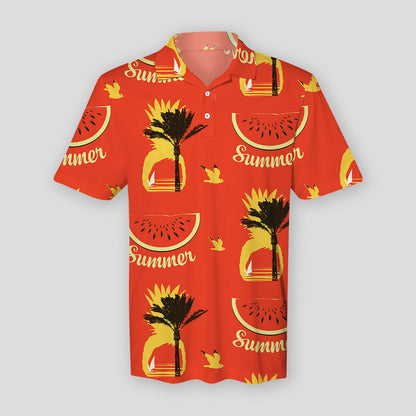 Summer Seamless Pattern With Palms And Watermelons Polo Shirt For Men | Polo T-shirt | Men Short Sleeve Shirt