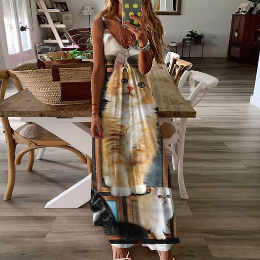 Cat Cute Cats Custom Picnic Heated Sleeveless Maxi Dress | Women Summer Dress | Sundress