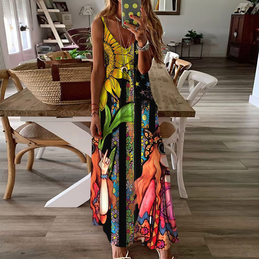Hippie Girl Sunflower Sleeveless Maxi Dress | Women Summer Dress | Sundress