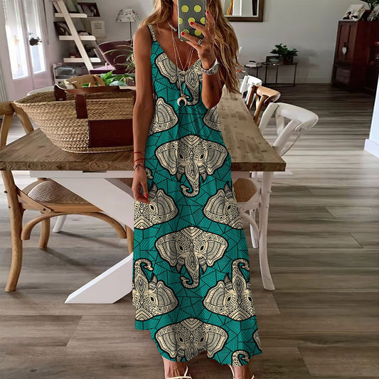 Elephant Boho Head Sleeveless Maxi Dress | Women Summer Dress | Sundress