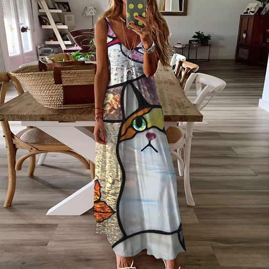 Cat Dragonfly Stained Glass Sleeveless Maxi Dress | Women Summer Dress | Sundress