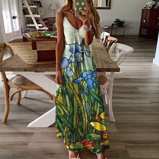 Dragonfly Stained Glass Stunning Flower Sleeveless Maxi Dress | Women Summer Dress | Sundress