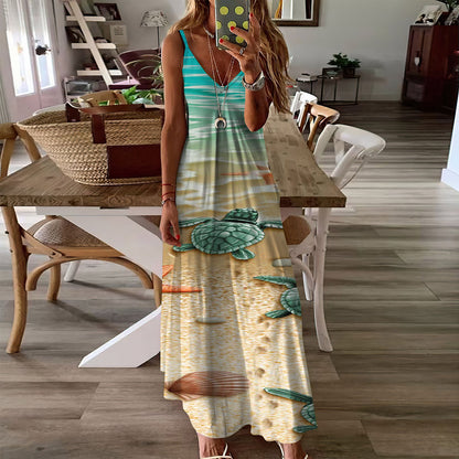 Baby Turtles On The Beach Sleeveless Maxi Dress | Women Summer Dress | Sundress