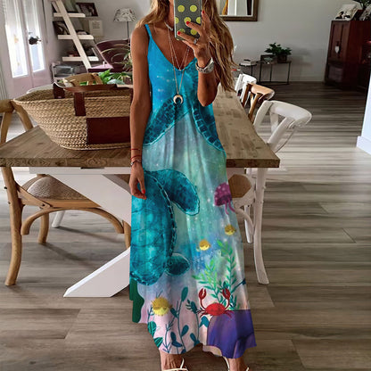 Sea Turtle Beach Sleeveless Maxi Dress | Women Summer Dress | Sundress