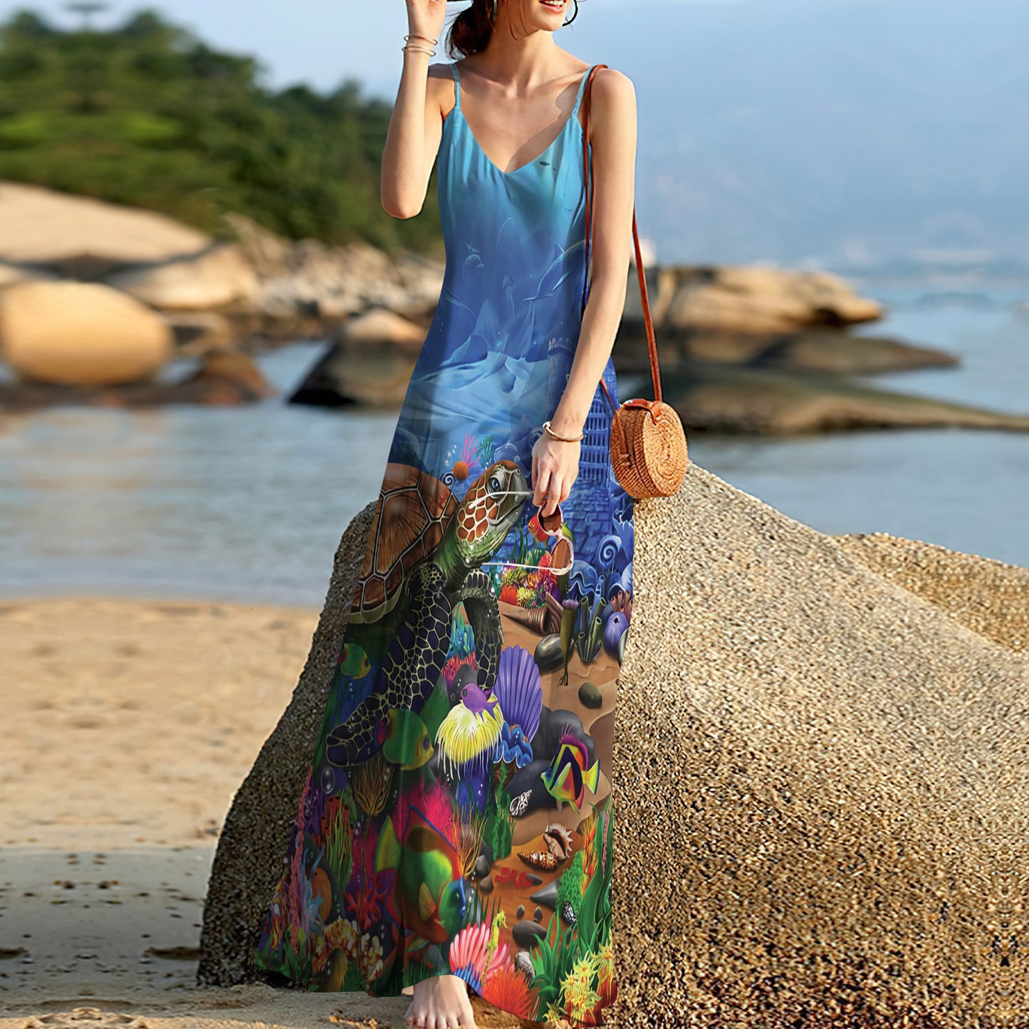 Sea Turtle Beach Sleeveless Maxi Dress | Women Summer Dress | Sundress